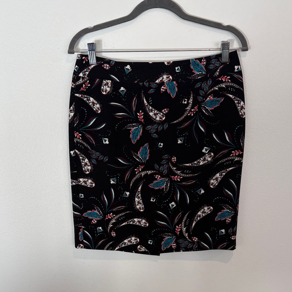 Ann Taylor Black Pencil Skirt with Teal and Pink Floral Pattern